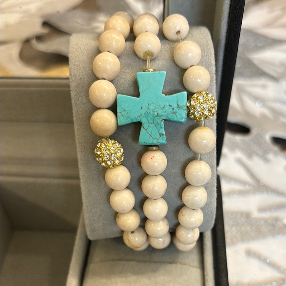 Blue and Cream Beaded Bracelet with Turquoise Cross